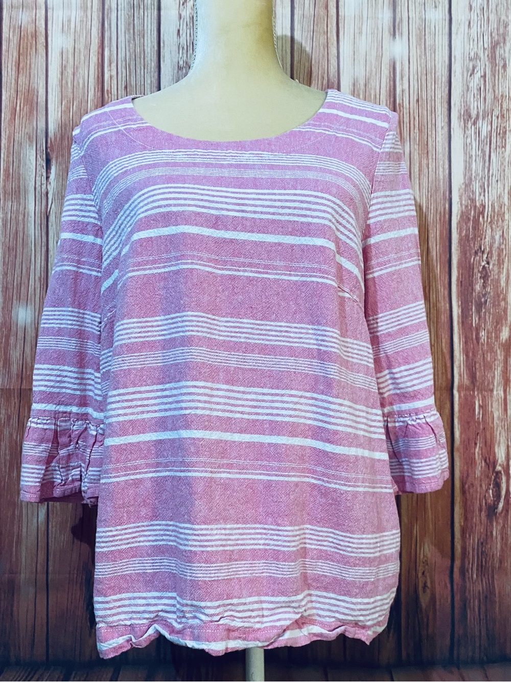 Women’s US Size 8 Blouse Cotton Traders Linen Blend Pink Striped 3/4 Bell Sleeve